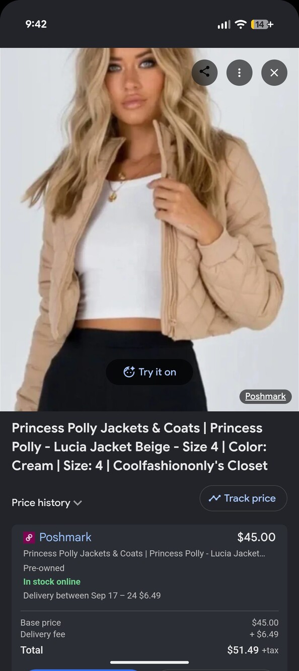 Princess Polly Quilted Cropped Puffer Jacket Cream Like New